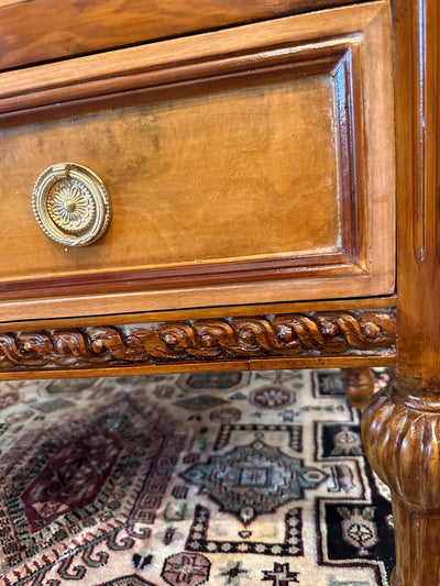 Carved Burl Wood Chests with Marble Top