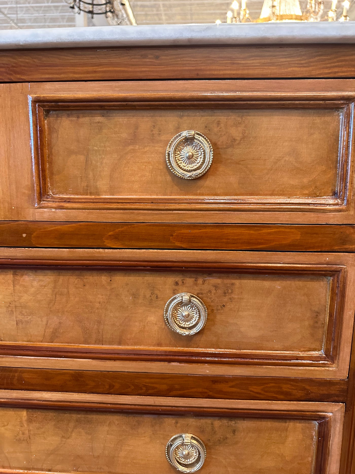 Carved Burl Wood Chests with Marble Top