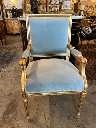 Antique French Louis XVI Blue Velvet Captain Chair | Le Chateau | European Luxury Furniture in Atlanta