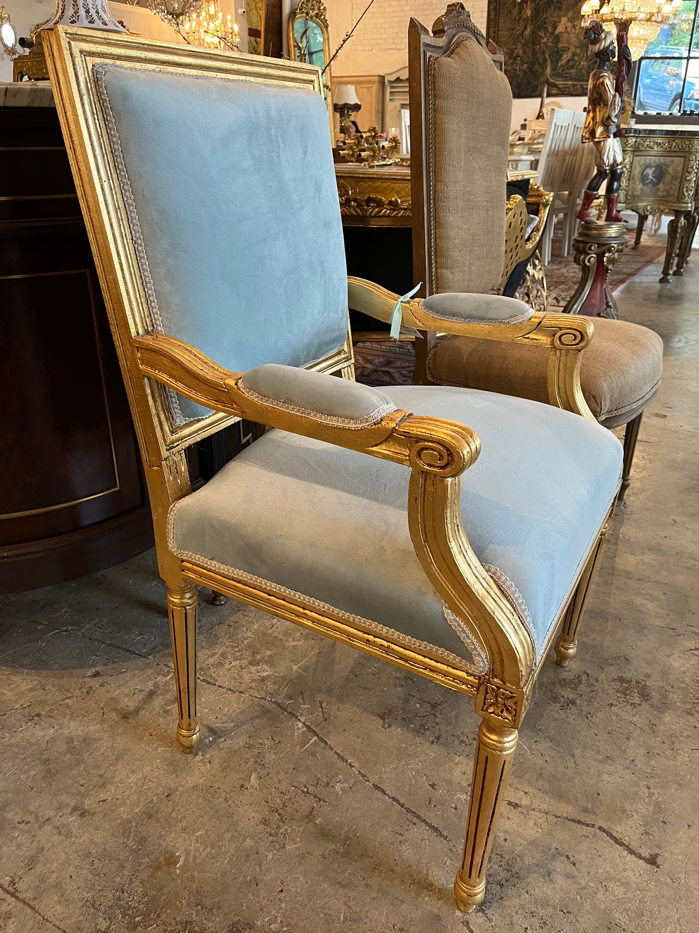 Antique French Louis XVI Blue Velvet Captain Chair | Le Chateau | European Luxury Furniture in Atlanta