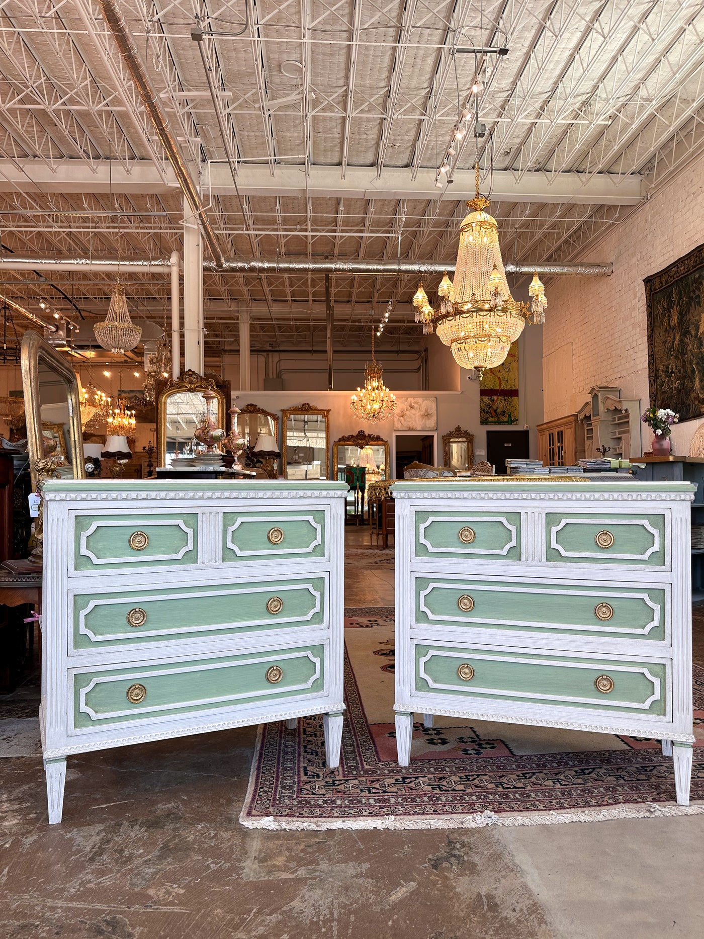 1900s Swedish Bedside Chest in Soft Green & White | Le Chateau | European Luxury Furniture in Atlanta