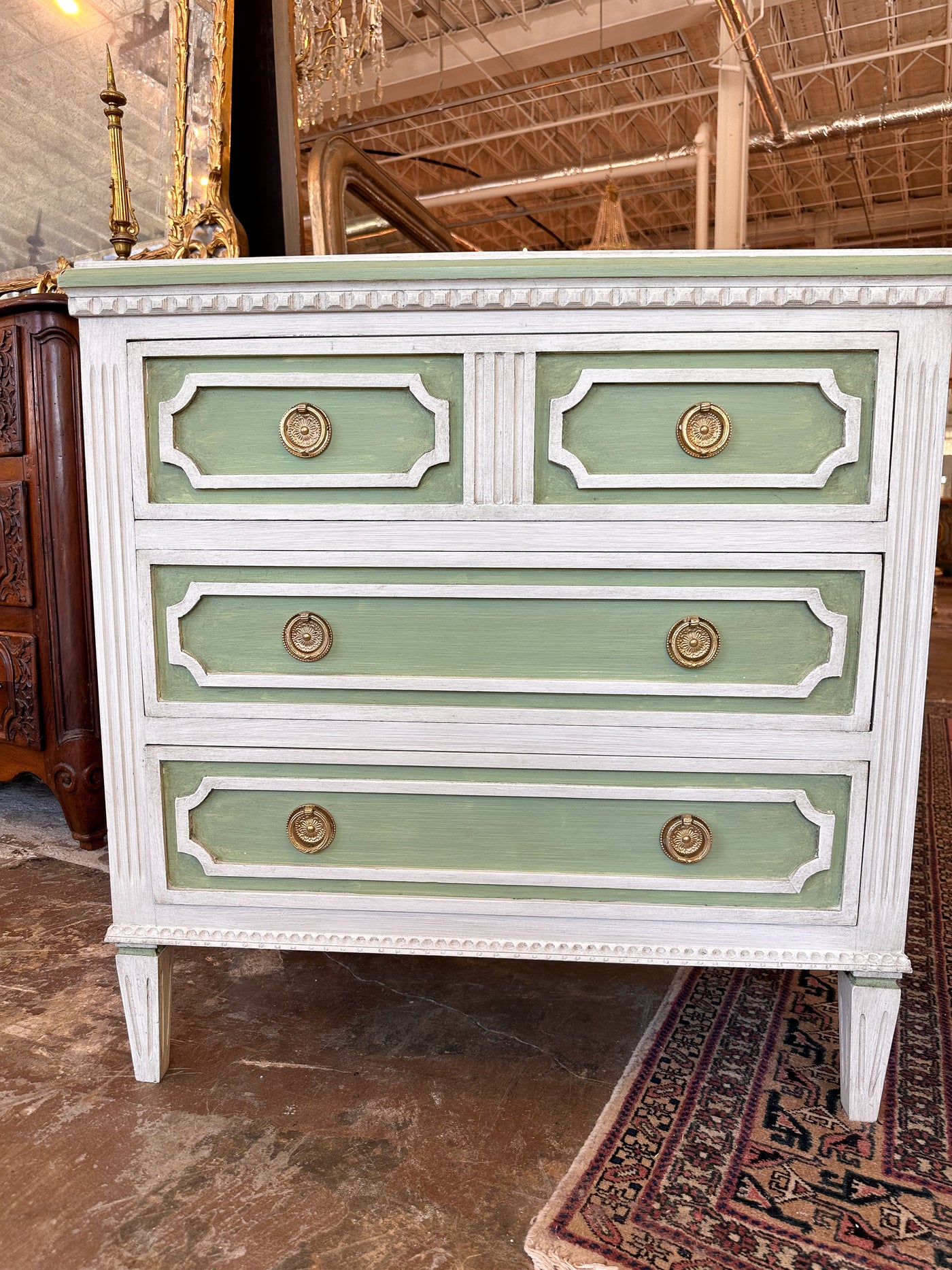 1900s Swedish Bedside Chest in Soft Green & White