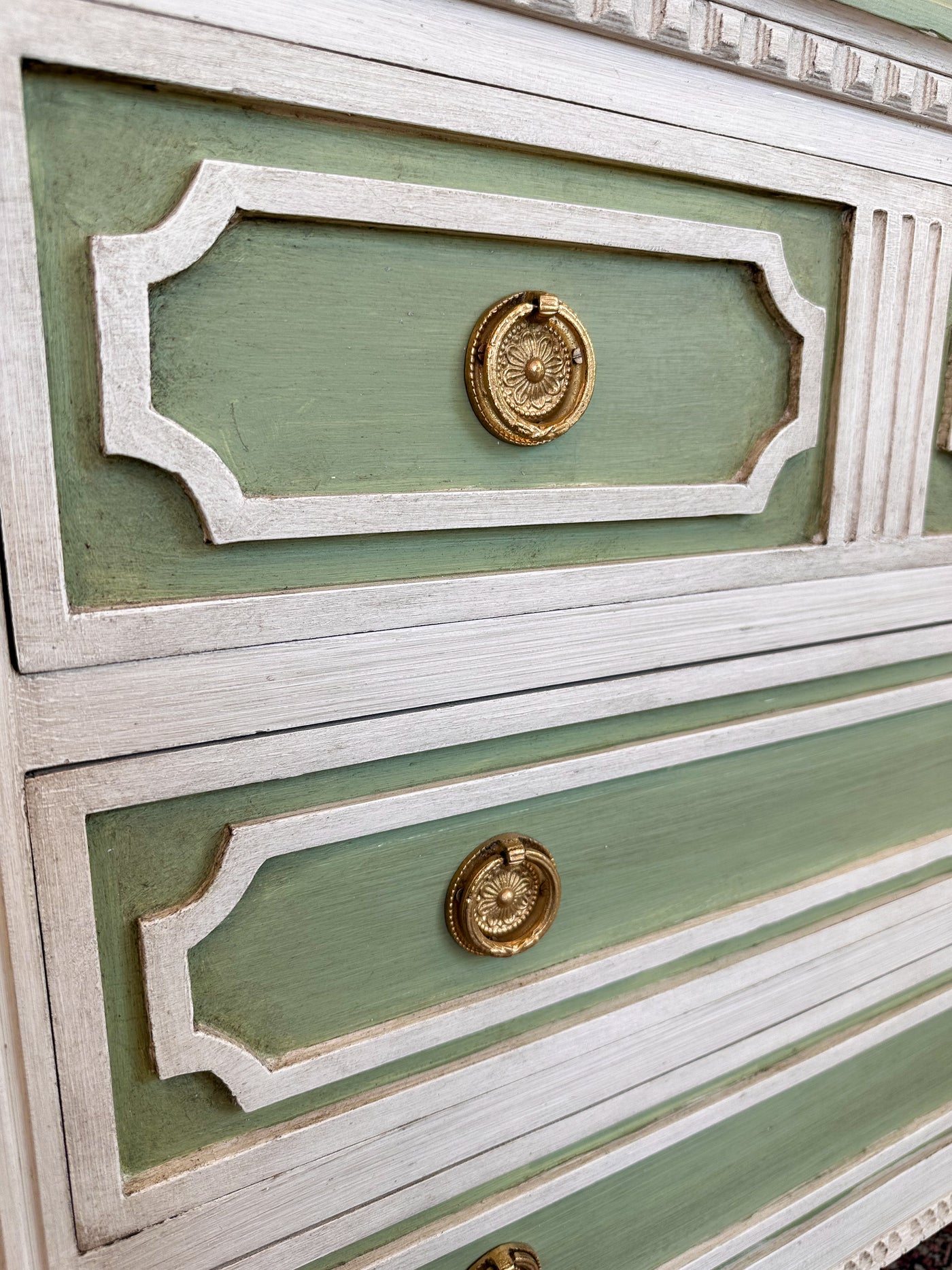 1900s Swedish Bedside Chest in Soft Green & White | Le Chateau | European Luxury Furniture in Atlanta