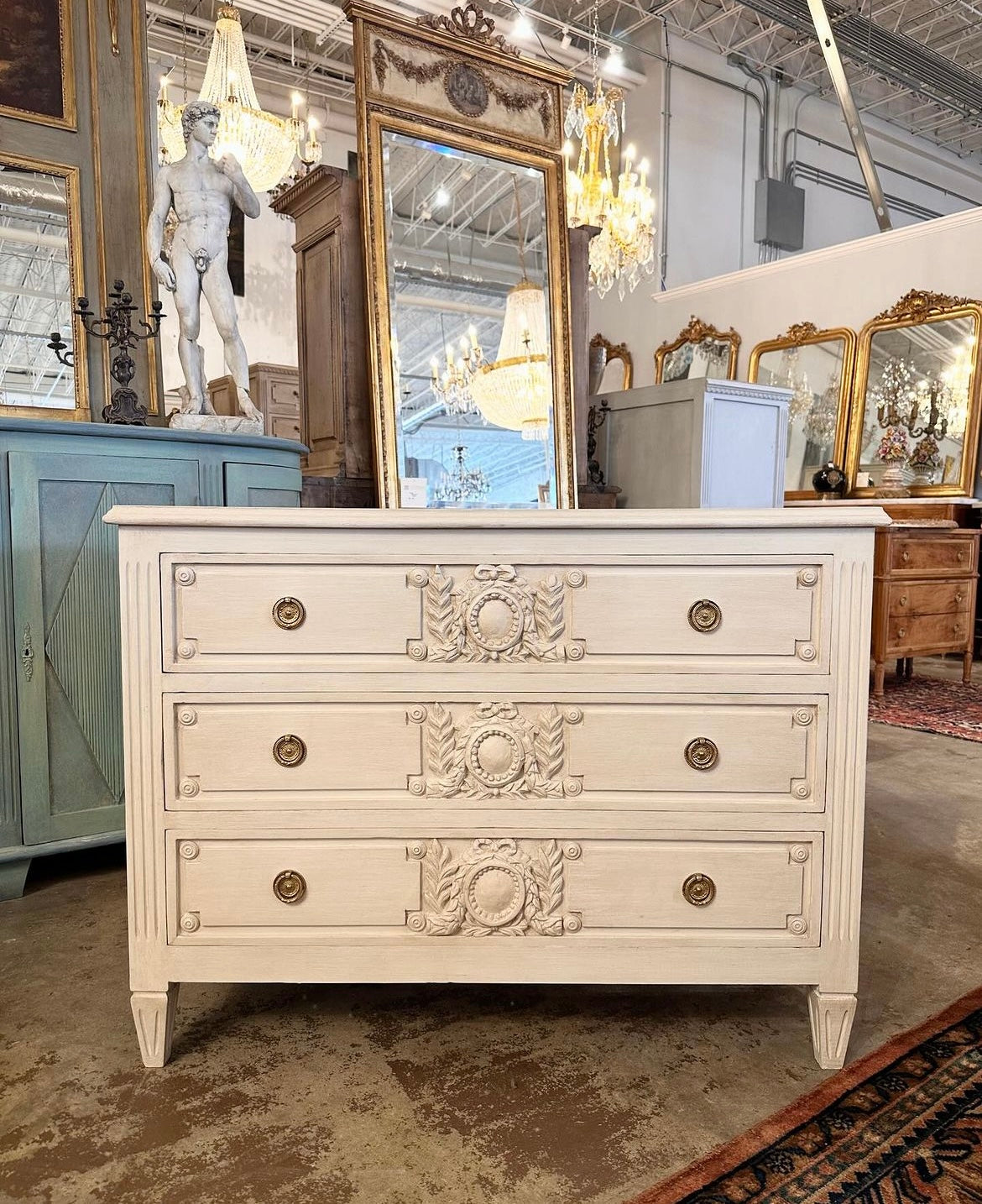 Cream Swedish Antique Chest with Wood Wreath Carving | Le Chateau | European Luxury Furniture in Atlanta