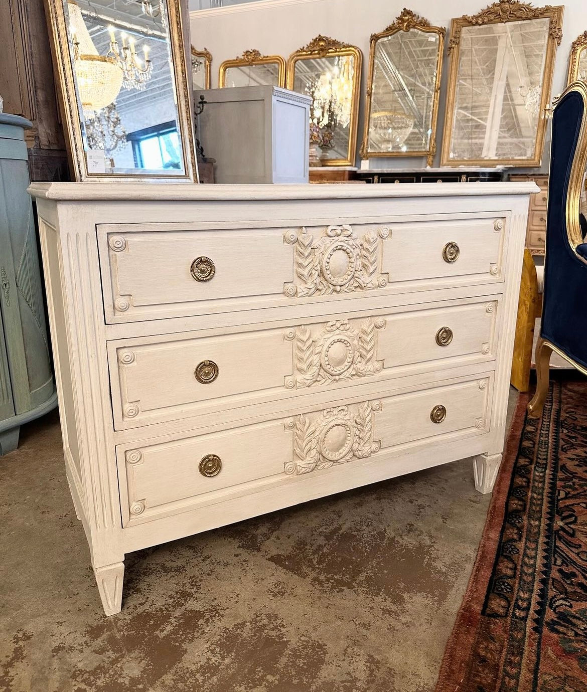 Cream Swedish Antique Chest with Wood Wreath Carving | Le Chateau | European Luxury Furniture in Atlanta