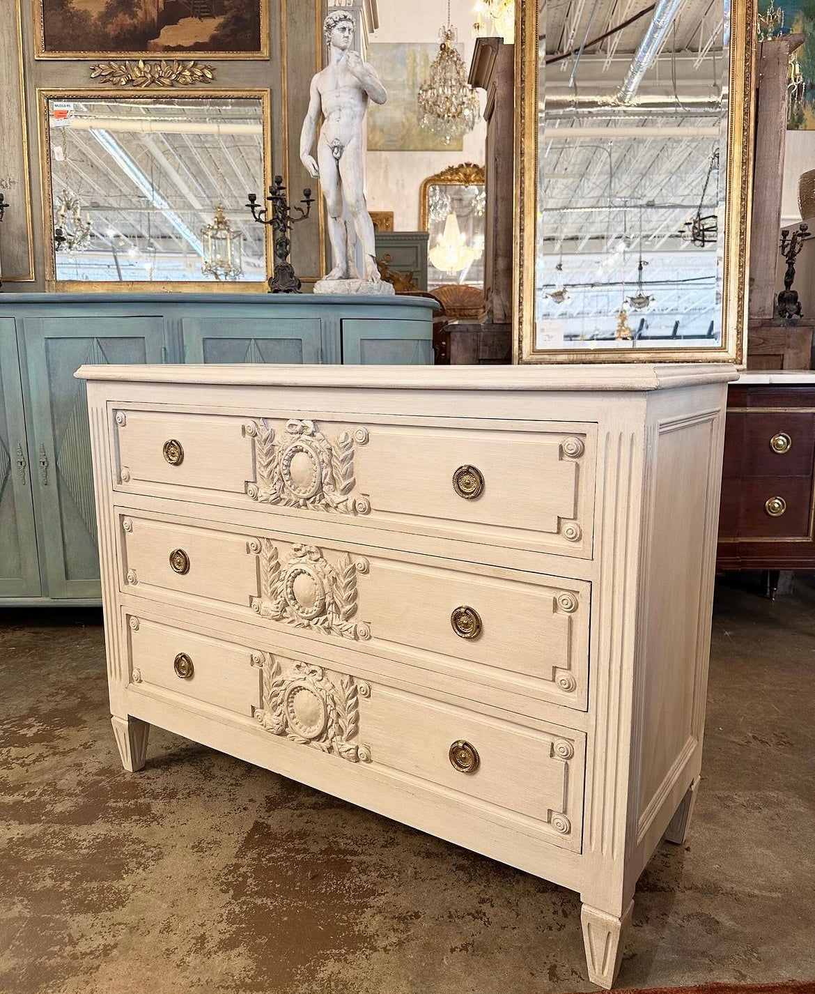 Cream Swedish Antique Chest with Wood Wreath Carving | Le Chateau | European Luxury Furniture in Atlanta