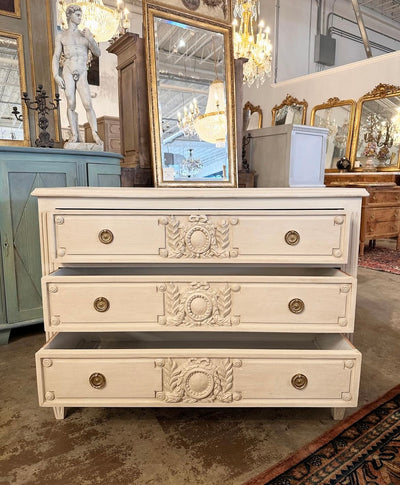 Cream Swedish Chest with Wood Wreath Carving