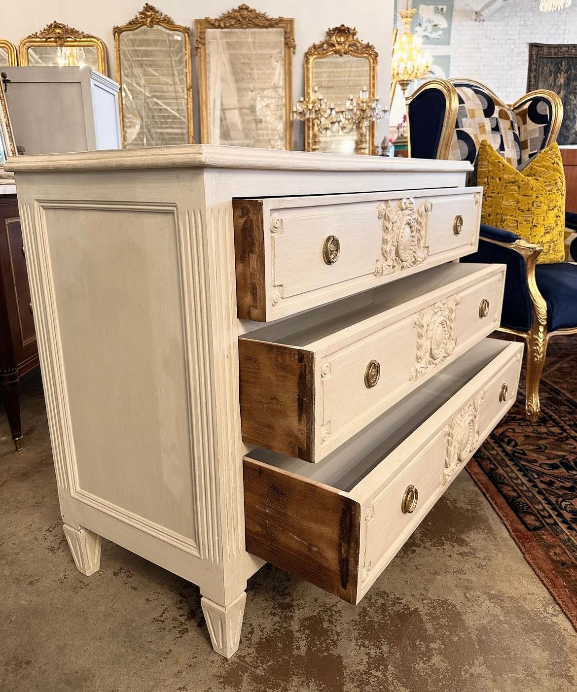 Cream Swedish Antique Chest with Wood Wreath Carving | Le Chateau | European Luxury Furniture in Atlanta