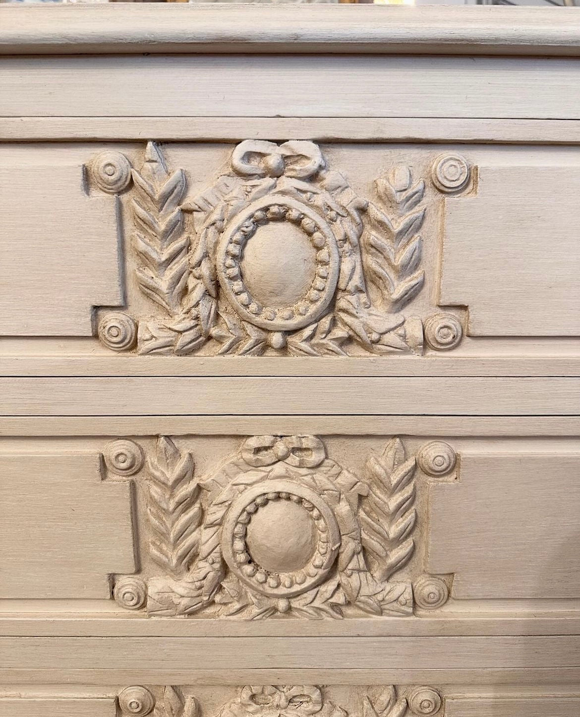 Cream Swedish Antique Chest with Wood Wreath Carving | Le Chateau | European Luxury Furniture in Atlanta