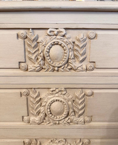 Cream Swedish Antique Chest with Wood Wreath Carving | Le Chateau | European Luxury Furniture in Atlanta