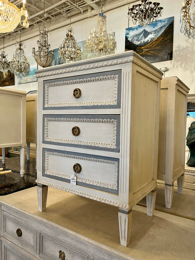 Swedish Nightstand in White with French Blue Trim | Le Chateau | European Luxury Furniture in Atlanta