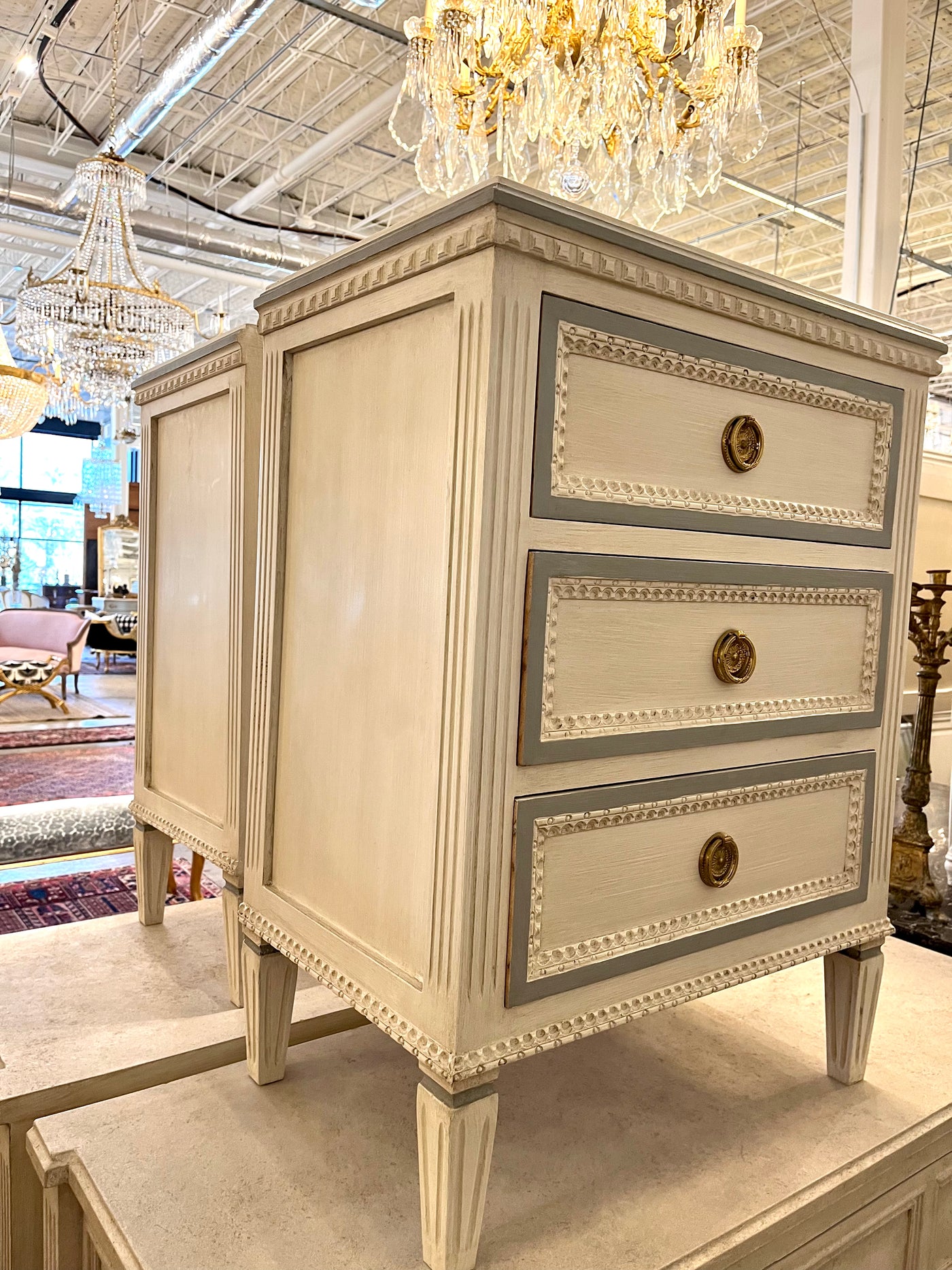 Swedish Nightstand in White with French Blue Trim | Le Chateau | European Luxury Furniture in Atlanta