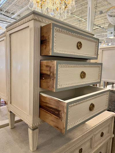 Swedish Nightstand in White with French Blue Trim | Le Chateau | European Luxury Furniture in Atlanta