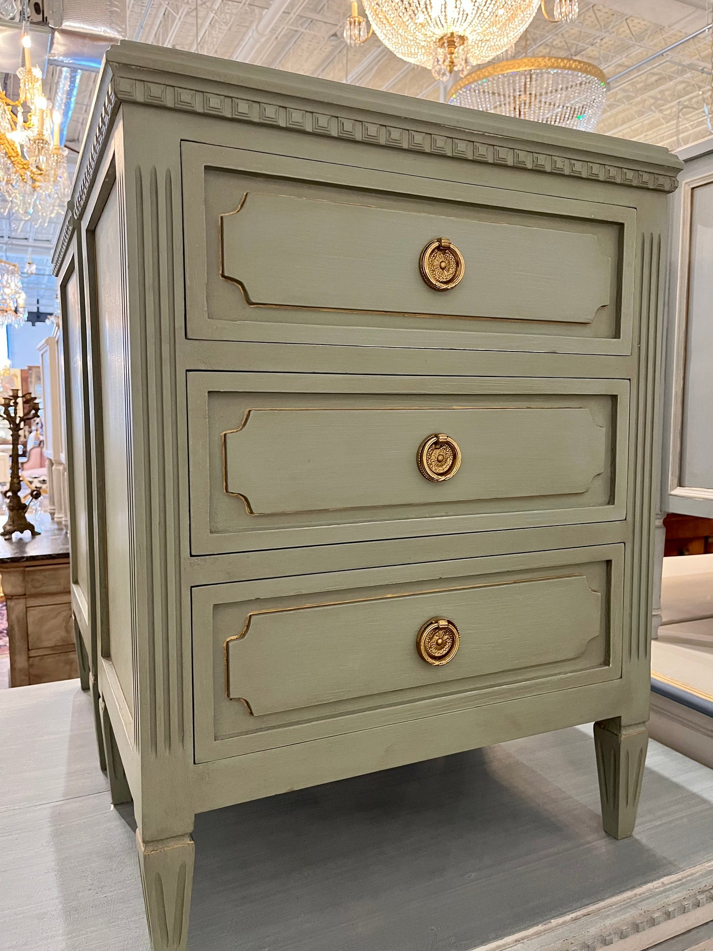 Olive Green Swedish Nightstand with Gold Accent