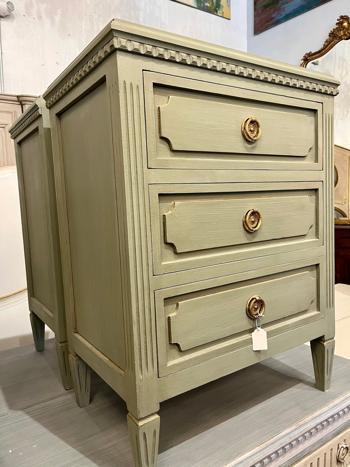 Olive Green Swedish Nightstand with Gold Accent