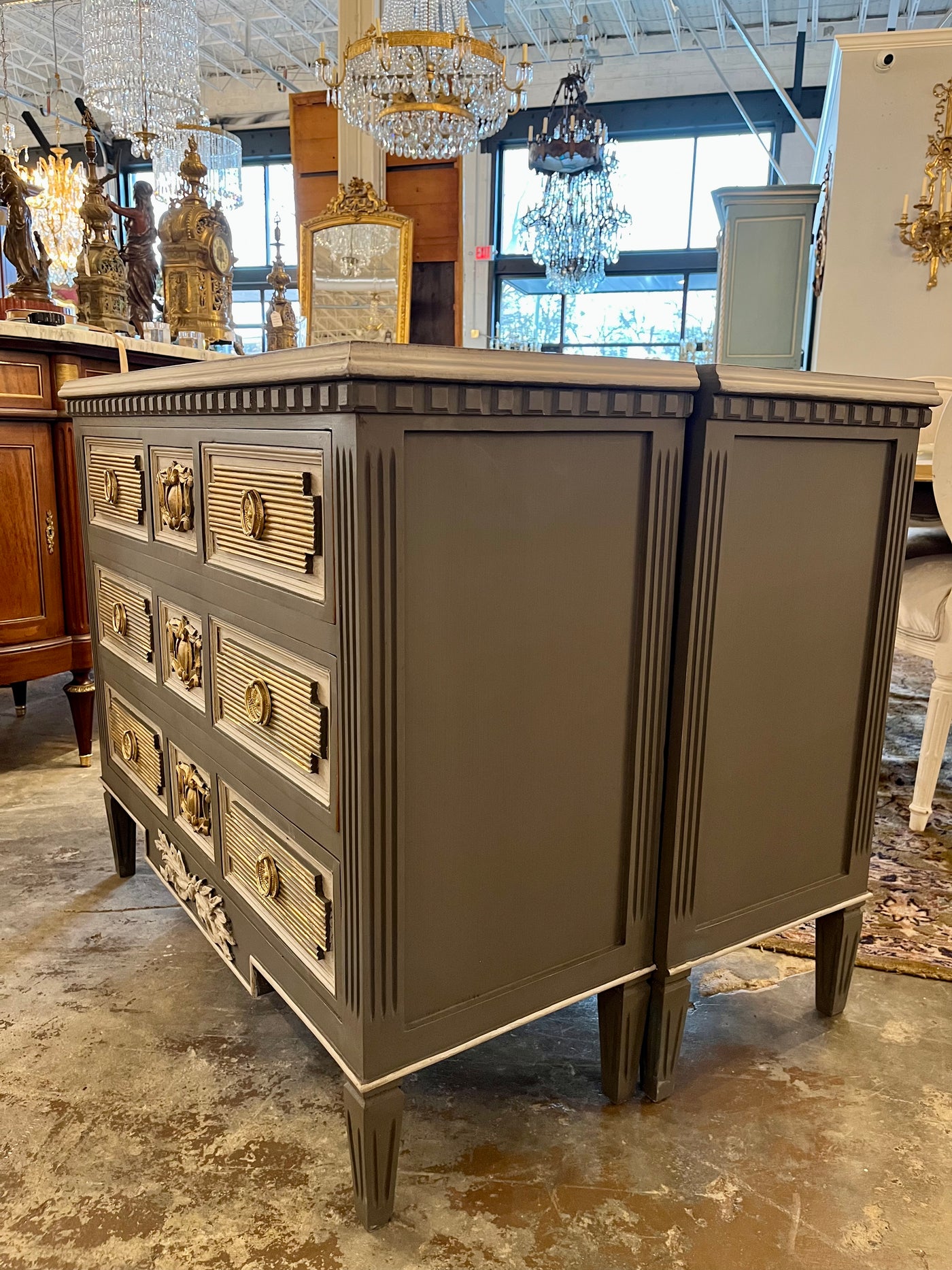 Swedish Chest in Charcoal with Gold Reeded Drawers