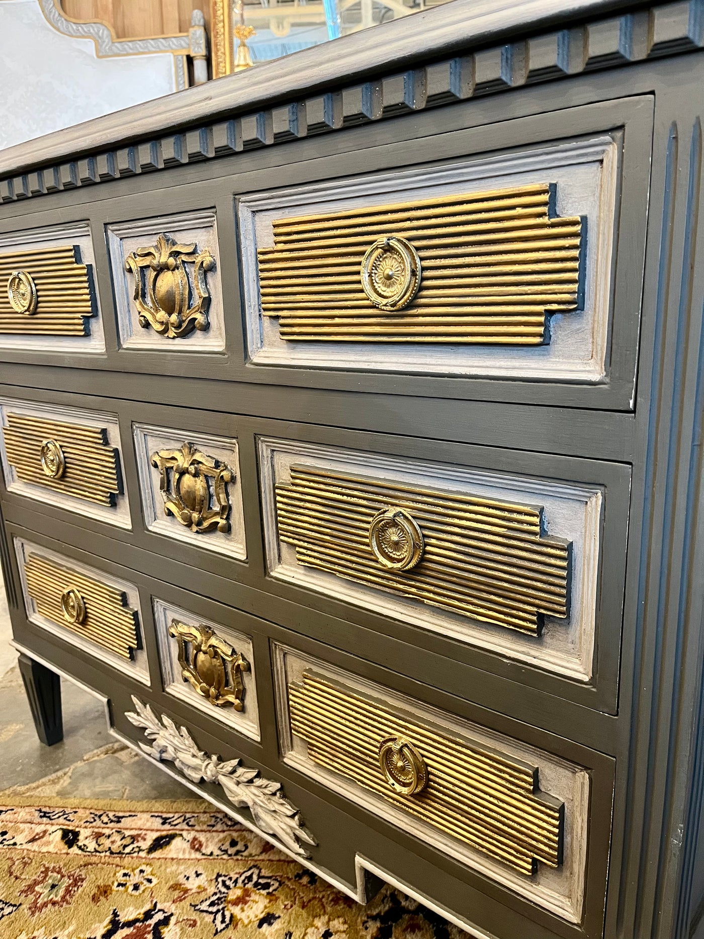 Swedish Chest in Charcoal with Gold Reeded Drawers | Le Chateau | European Luxury Furniture in Atlanta