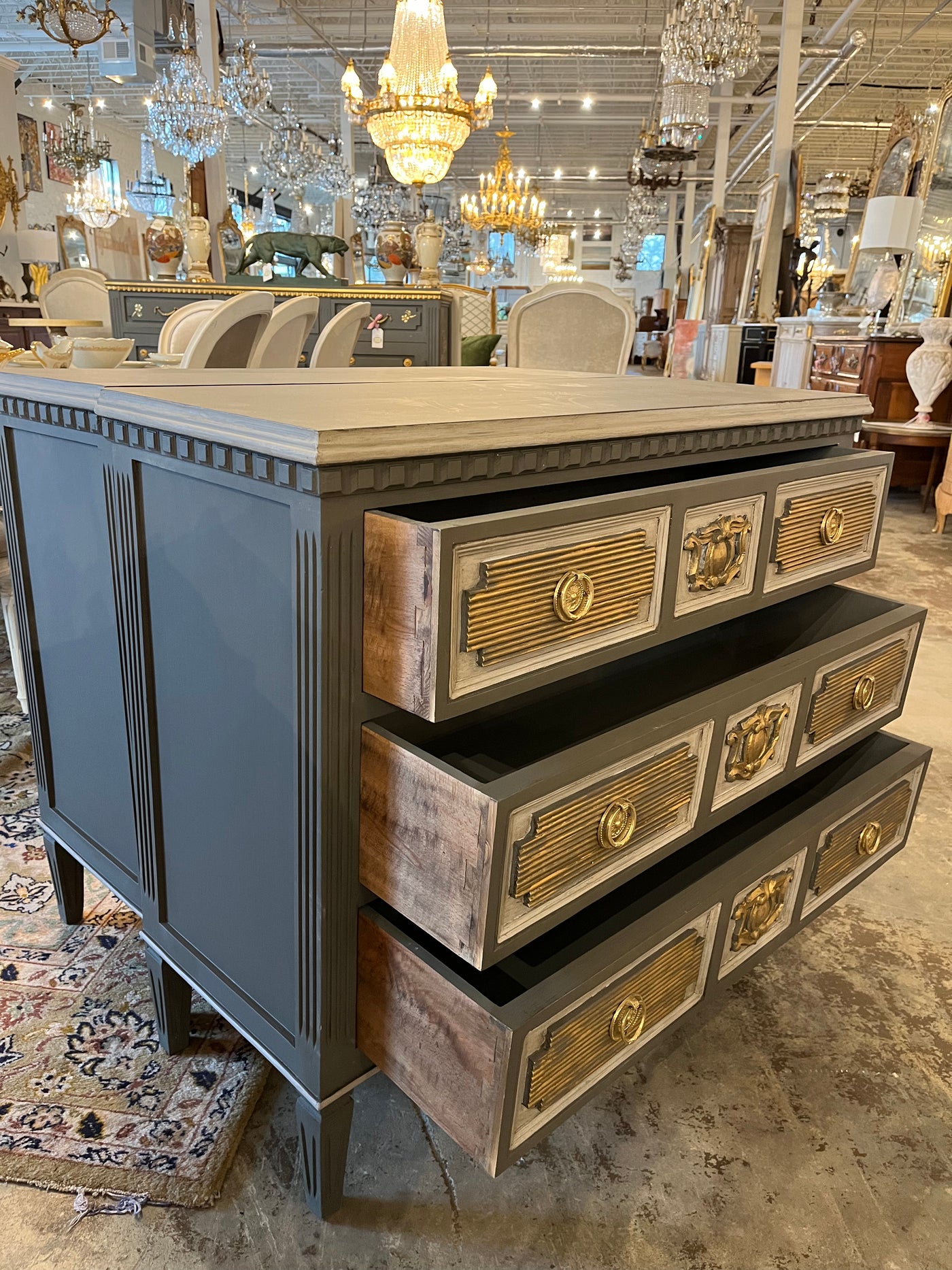 Swedish Chest in Charcoal with Gold Reeded Drawers