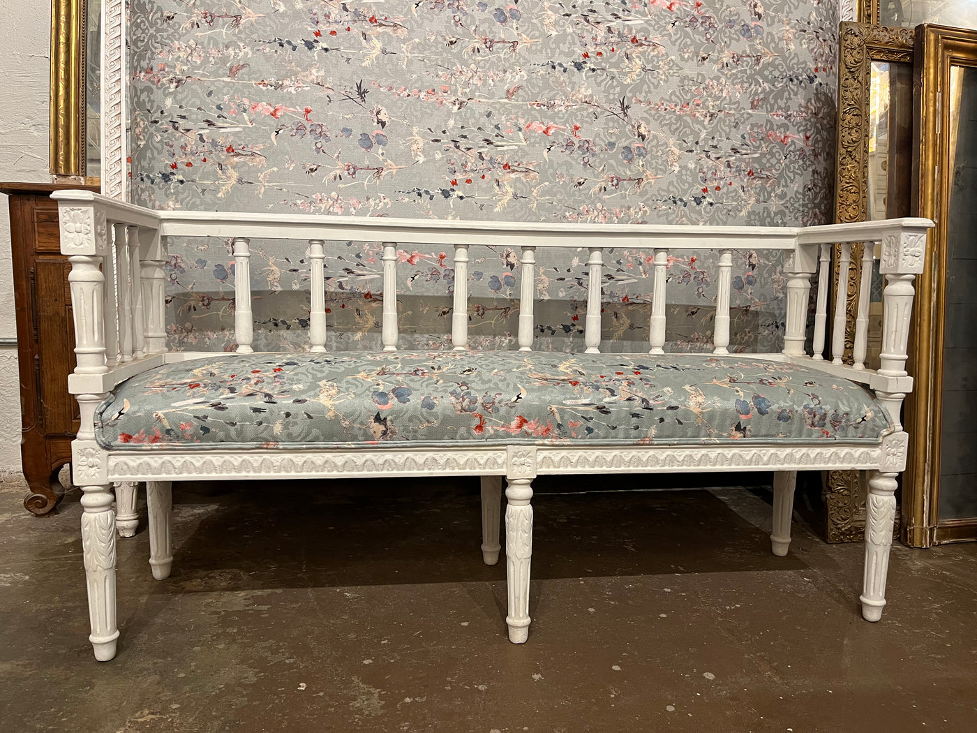 Square Back Swedish Bench with Floral Fabric | Le Chateau | European Luxury Furniture in Atlanta