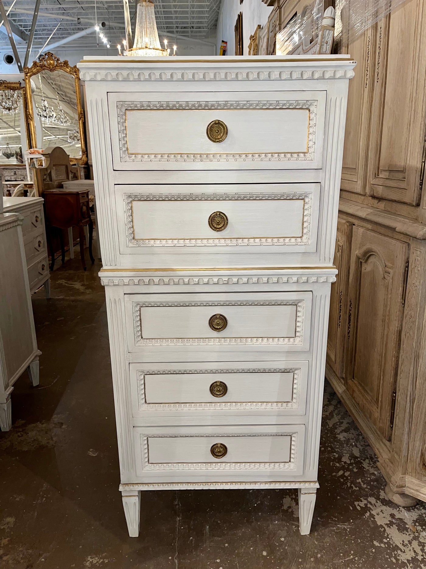 Antique Swedish 5 Drawer Slim Chest in White | Le Chateau | European Luxury Furniture in Atlanta