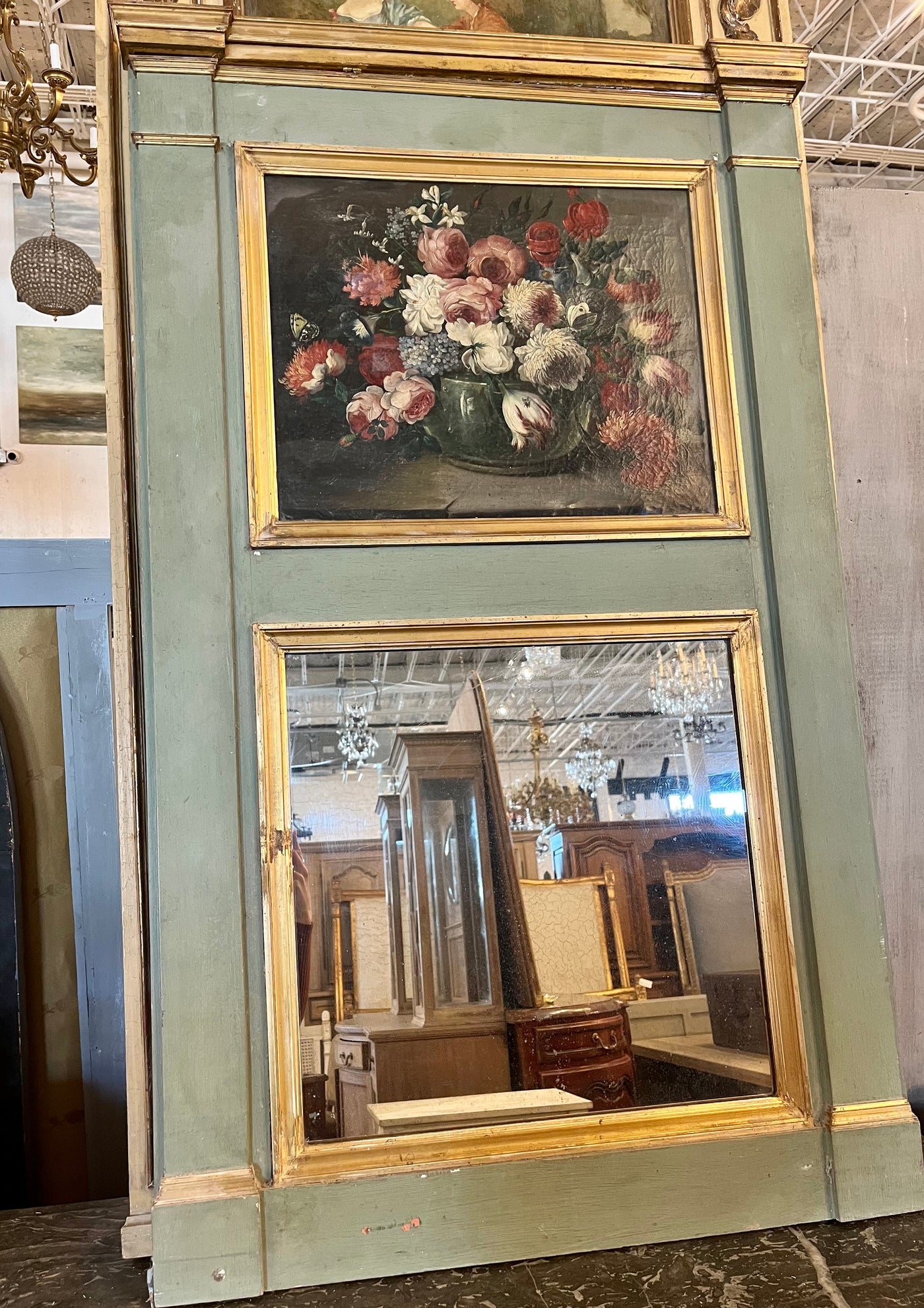 Antique French Green & Gold Painted Floral Trumeau Mirror | Le Chateau | European Luxury Furniture in Atlanta