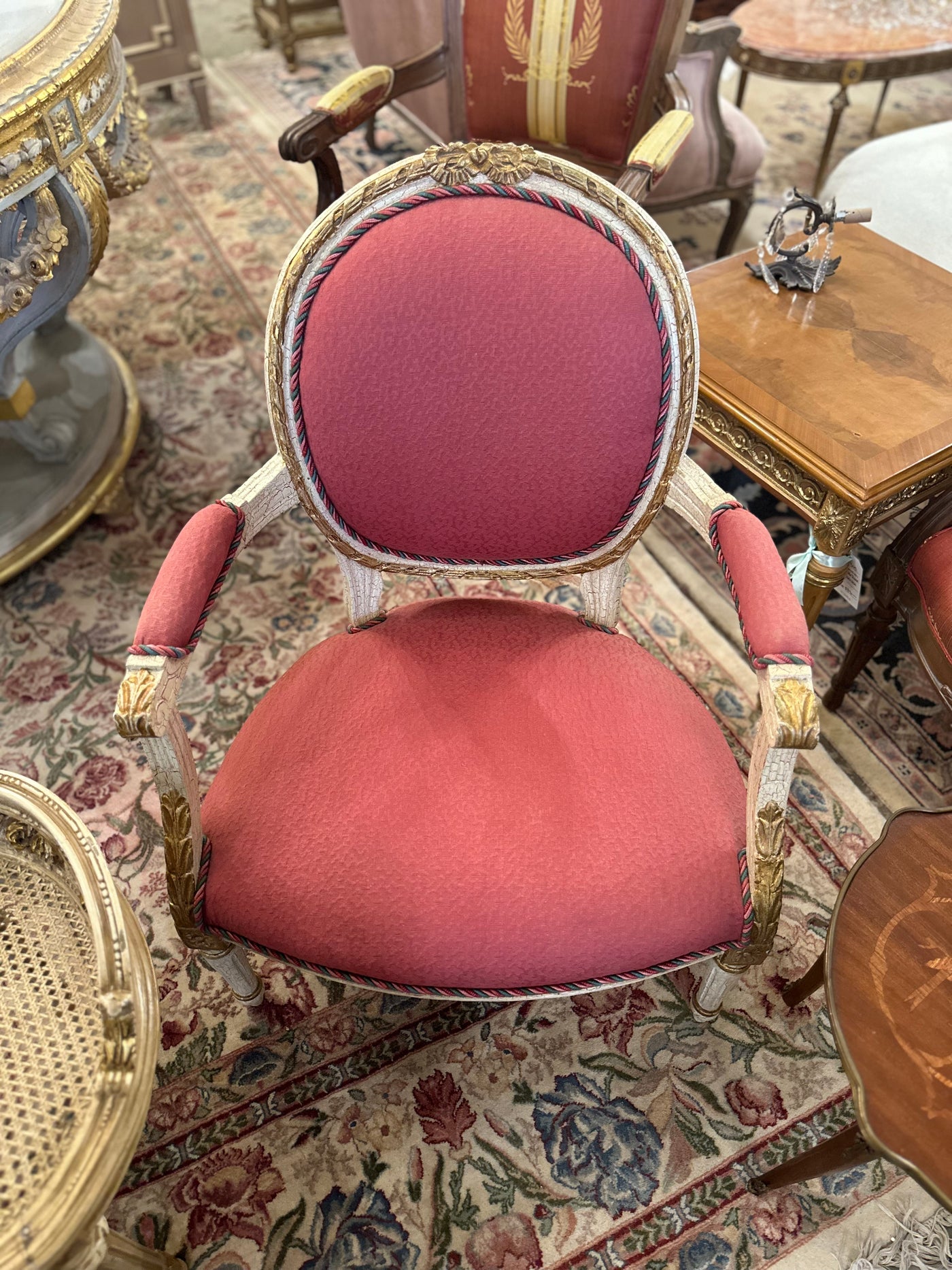 Antique French Louis XVI Round Arm Chair with Burgundy Upholstery | Le Chateau | European Luxury Furniture in Atlanta