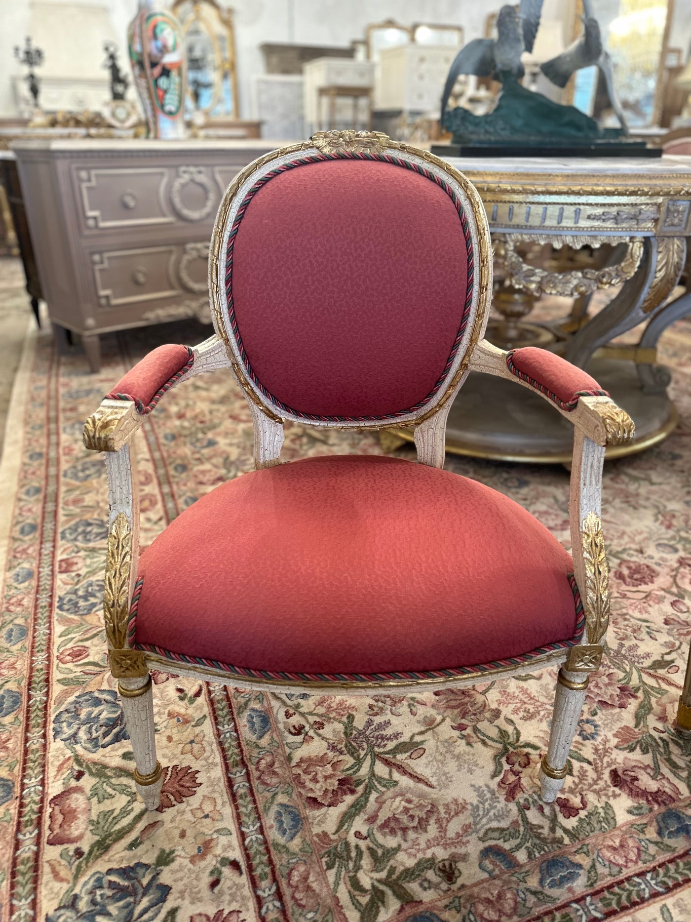 Antique French Louis XVI Round Arm Chair with Burgundy Upholstery | Le Chateau | European Luxury Furniture in Atlanta