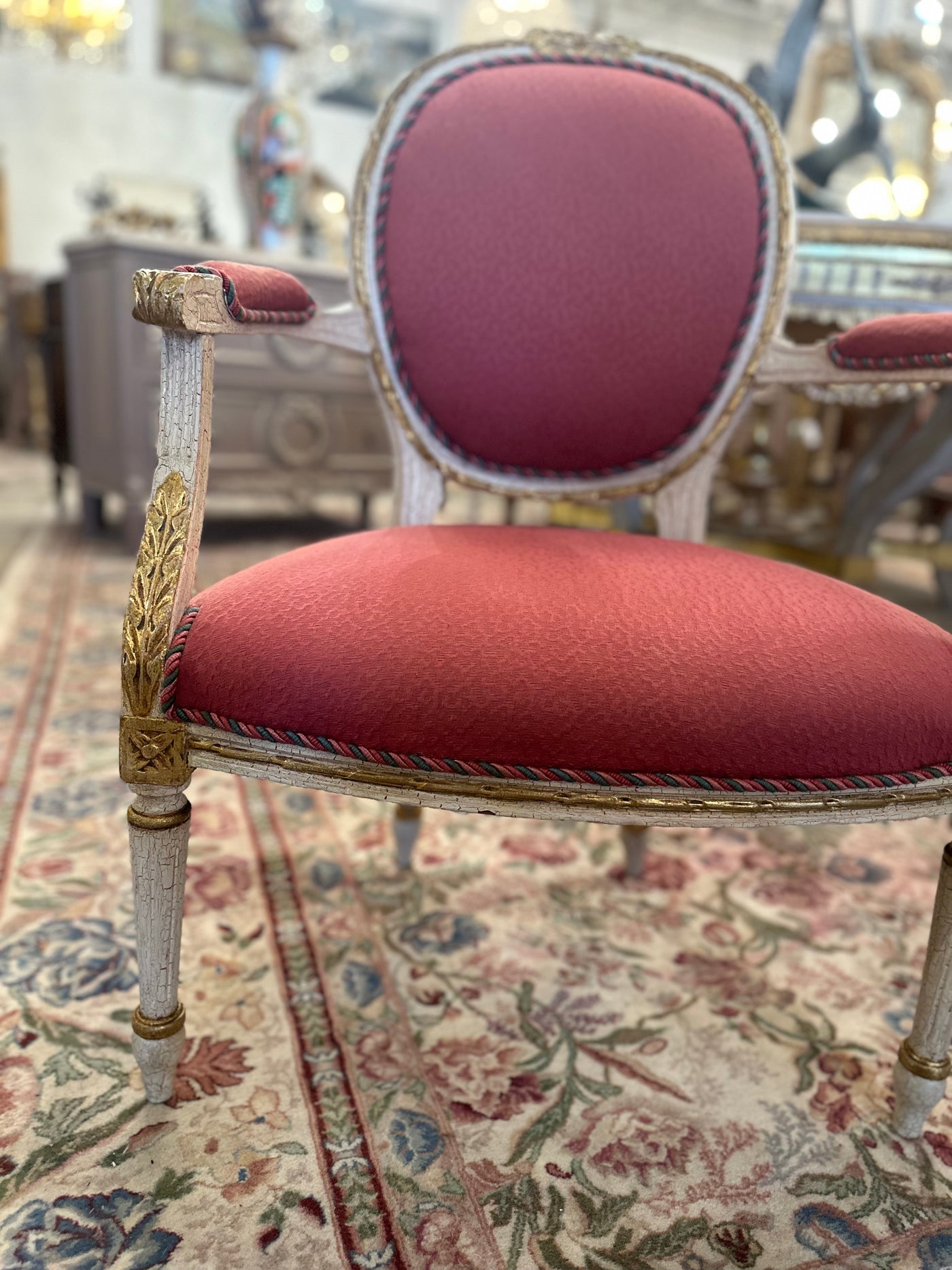 Antique French Louis XVI Round Arm Chair with Burgundy Upholstery | Le Chateau | European Luxury Furniture in Atlanta