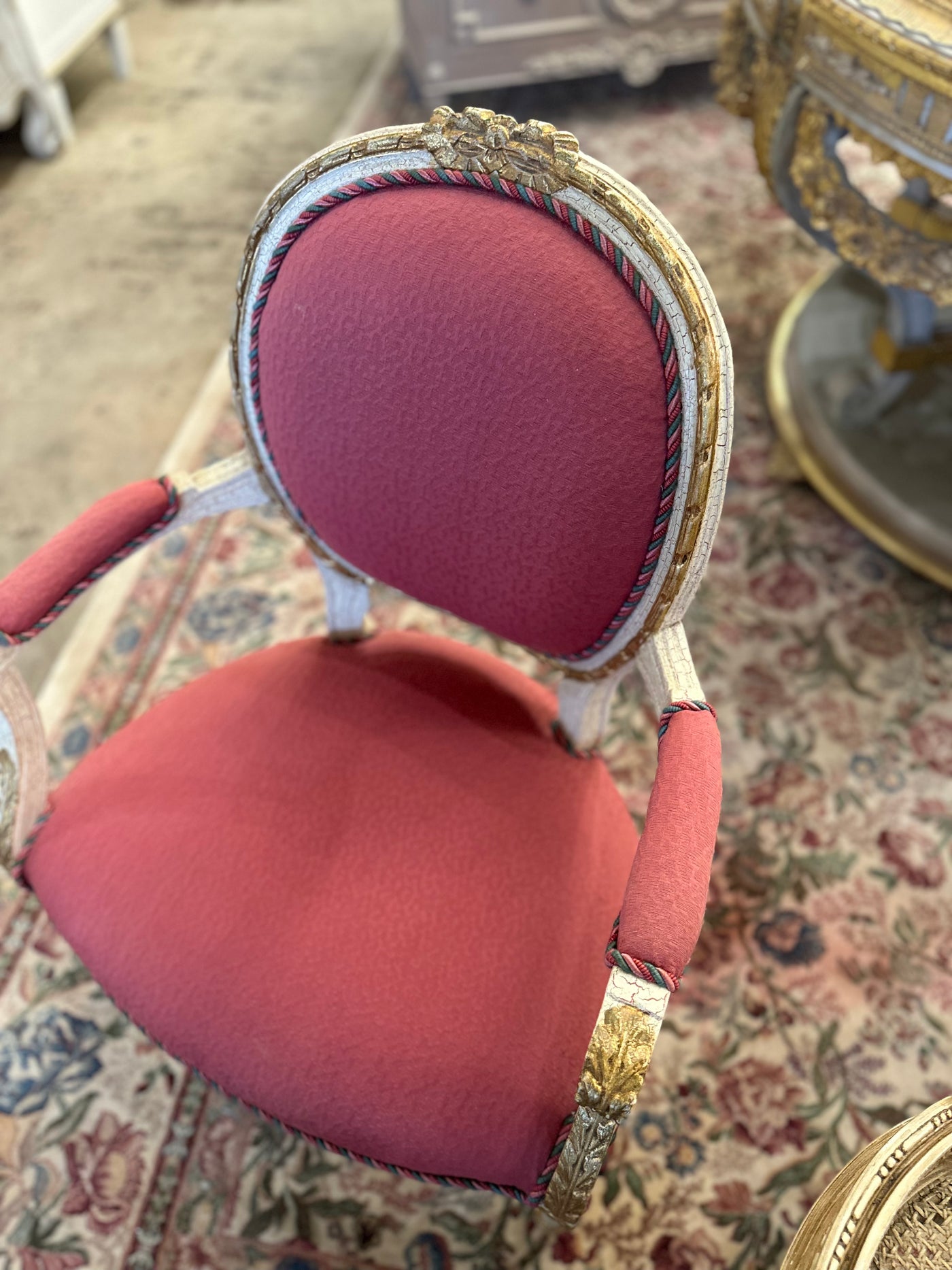 Antique French Louis XVI Round Arm Chair with Burgundy Upholstery | Le Chateau | European Luxury Furniture in Atlanta