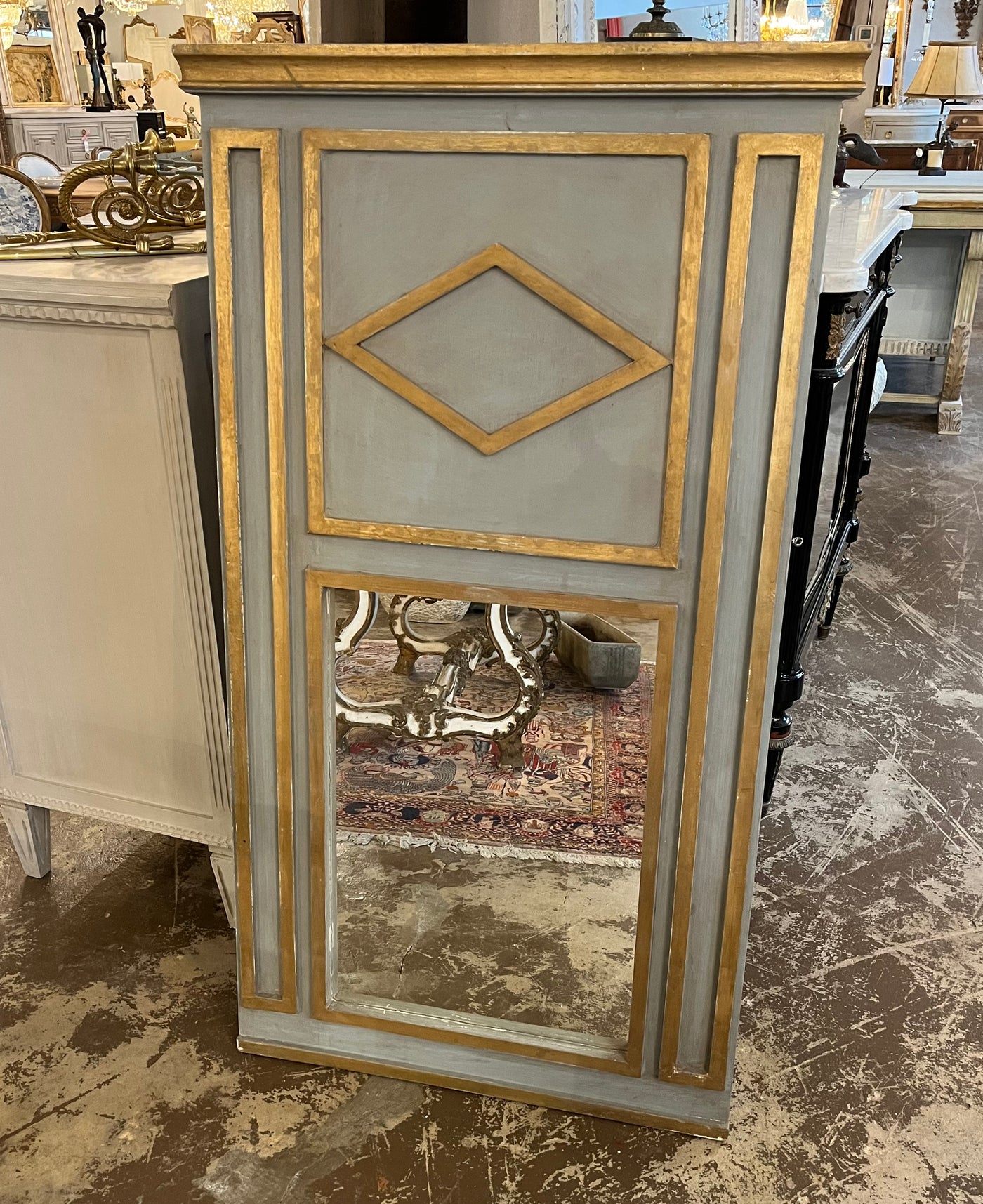 French Trumeau Mirror in Cool Gray with Gold Diamond Motif