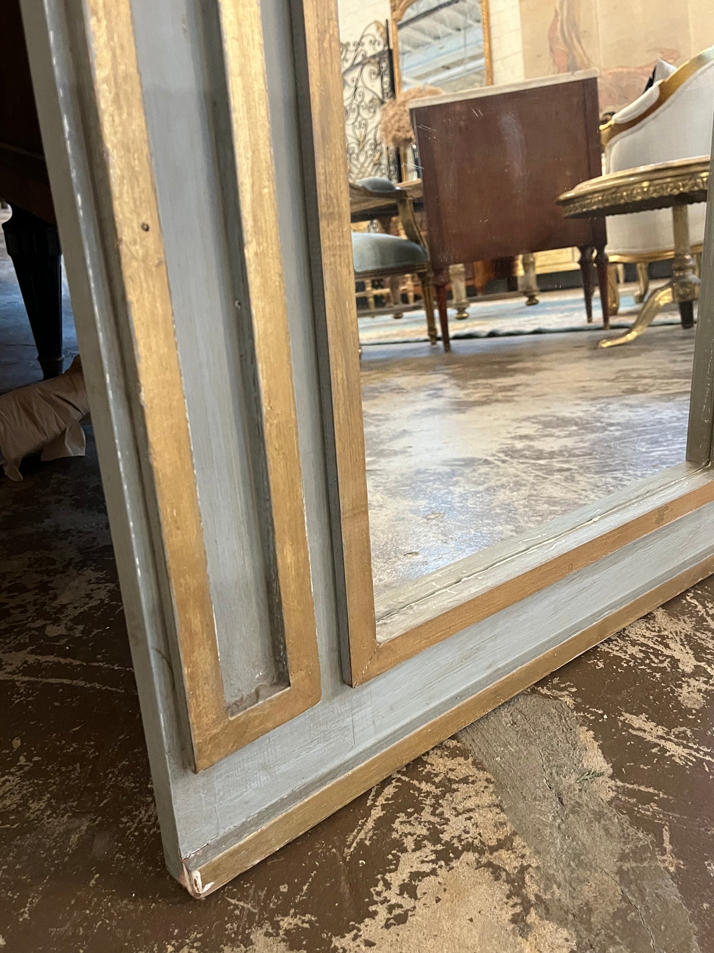 French Trumeau Mirror in Cool Gray with Gold Diamond Motif