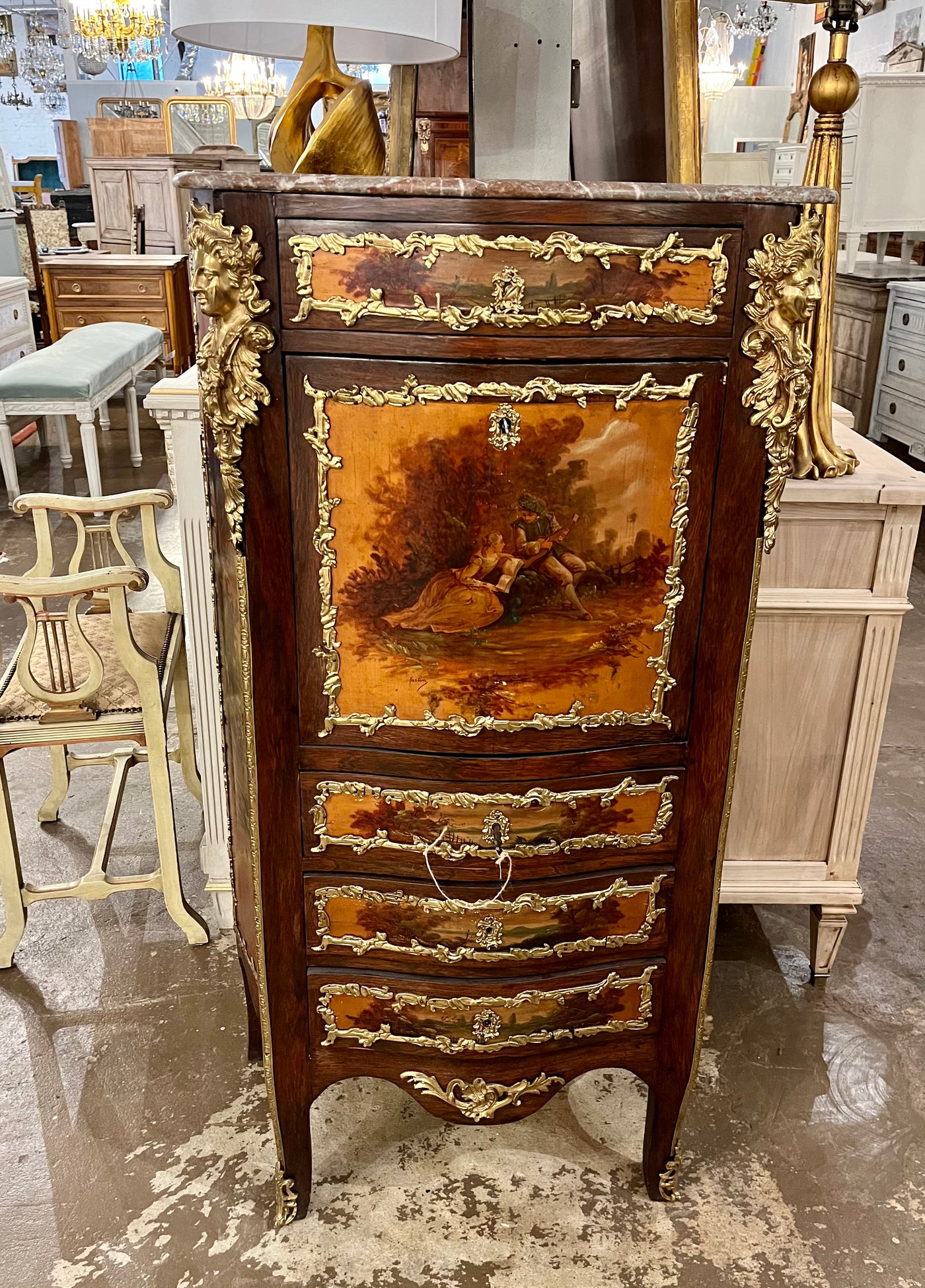 Louis XVI Marble Top Secretary Chest