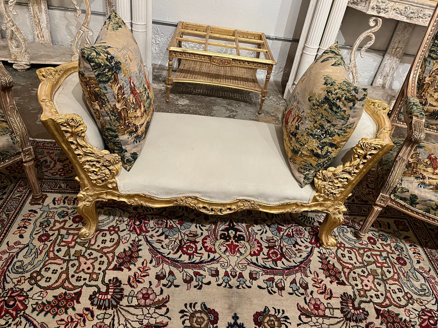 Louis XVI Cream Velvet Bench with Raised Arms