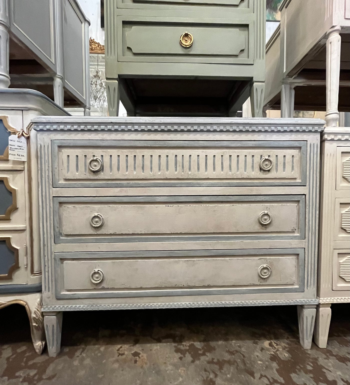 Antique Swedish Textured Chest in Light Blue | Le Chateau | European Luxury Furniture in Atlanta