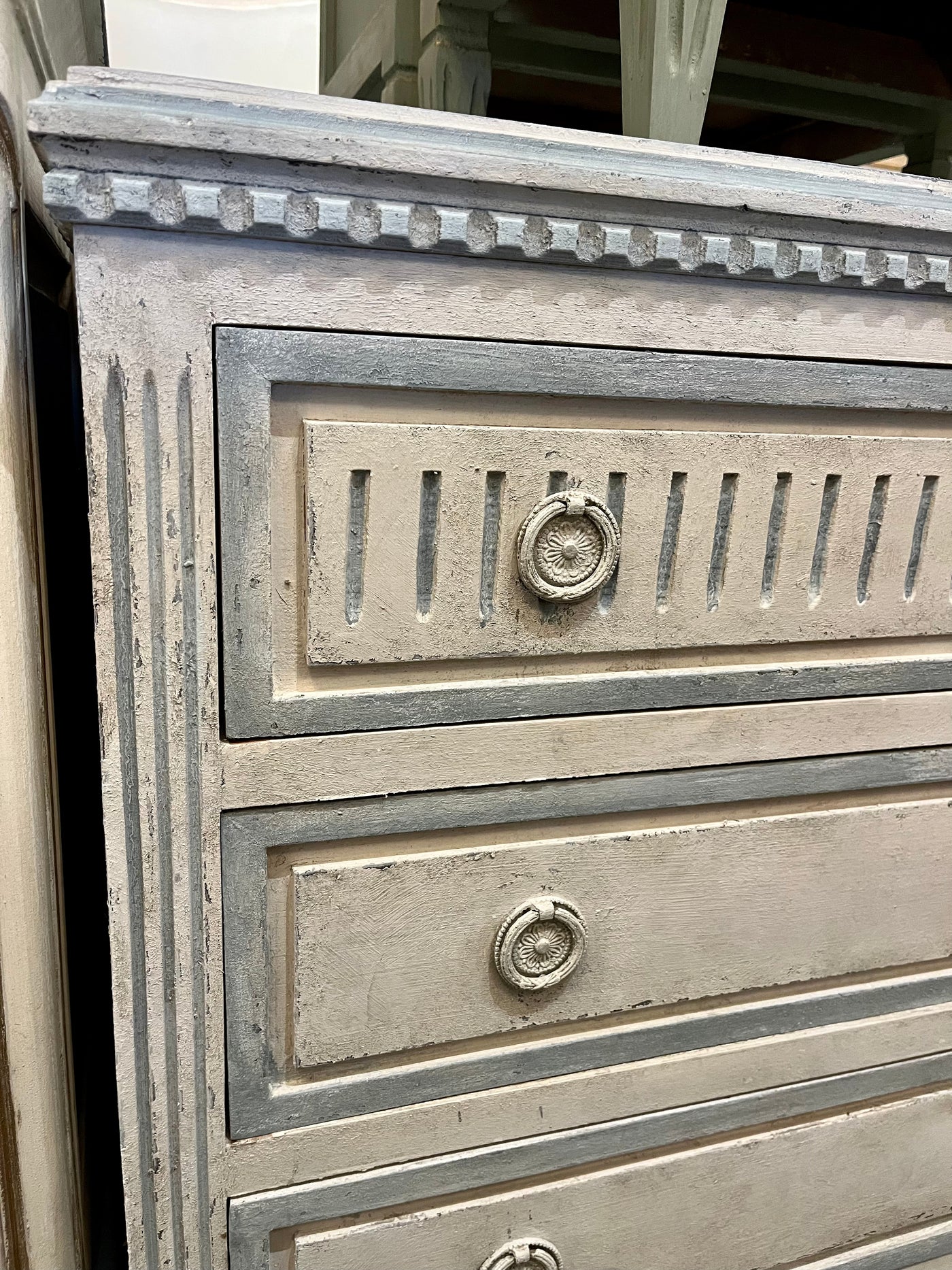 Antique Swedish Textured Chest in Light Blue | Le Chateau | European Luxury Furniture in Atlanta