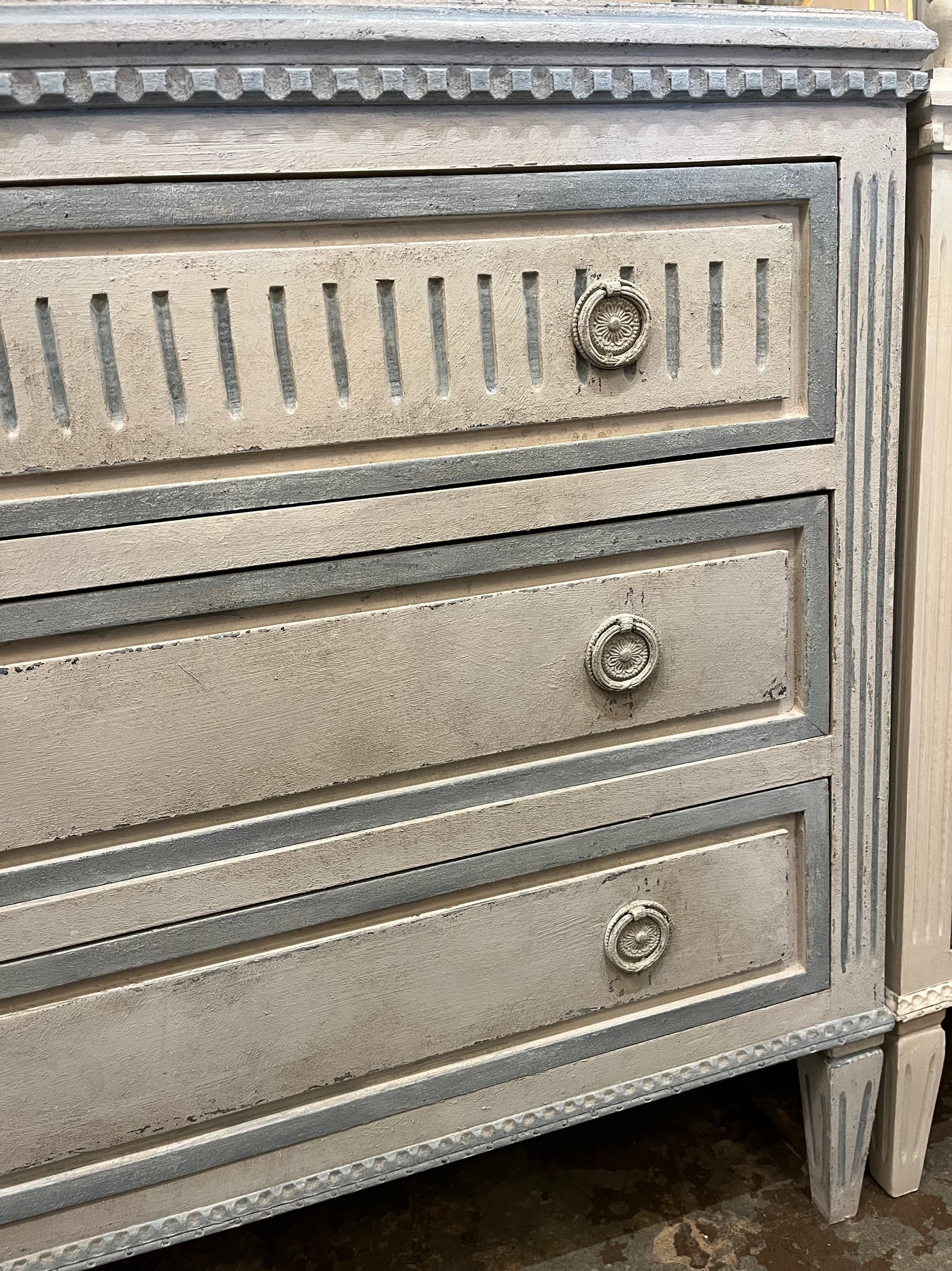 Antique Swedish Textured Chest in Light Blue | Le Chateau | European Luxury Furniture in Atlanta