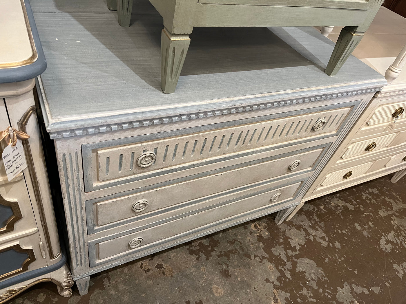 Antique Swedish Textured Chest in Light Blue | Le Chateau | European Luxury Furniture in Atlanta