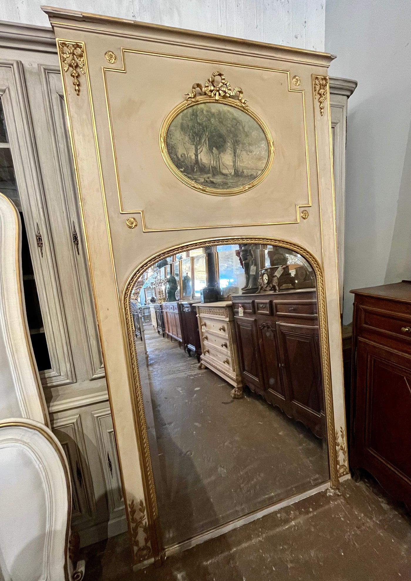 Original Antique White Trumeau Mirror with Tree Oil Painting | Le Chateau | European Luxury Furniture in Atlanta