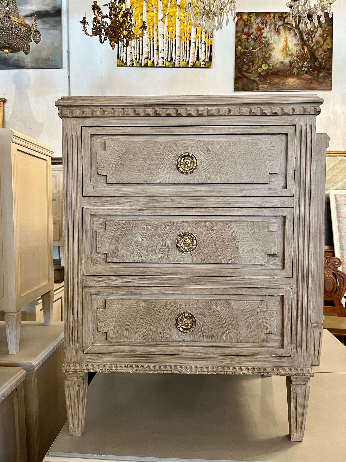 Antique Swedish Faux Burl Wood Nightstand | Le Chateau | European Luxury Furniture in Atlanta