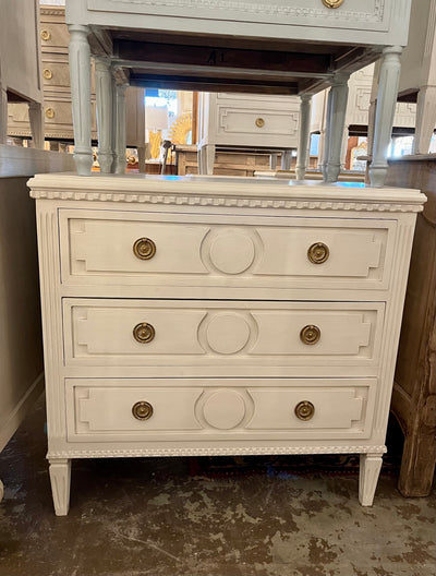 Antique White Circle Carved Swedish Nightstand | Le Chateau | European Luxury Furniture in Atlanta