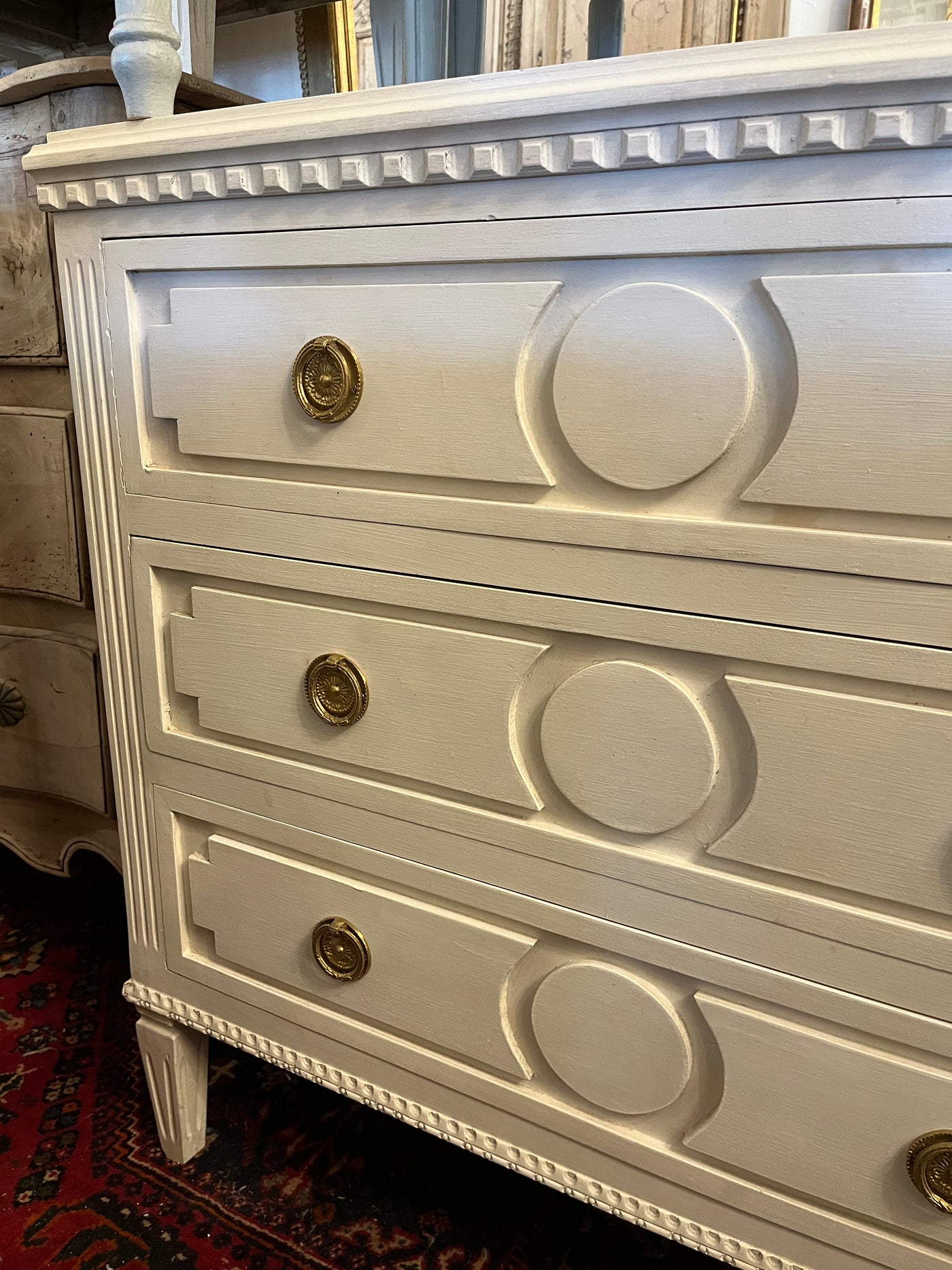 Antique White Circle Carved Swedish Nightstand | Le Chateau | European Luxury Furniture in Atlanta