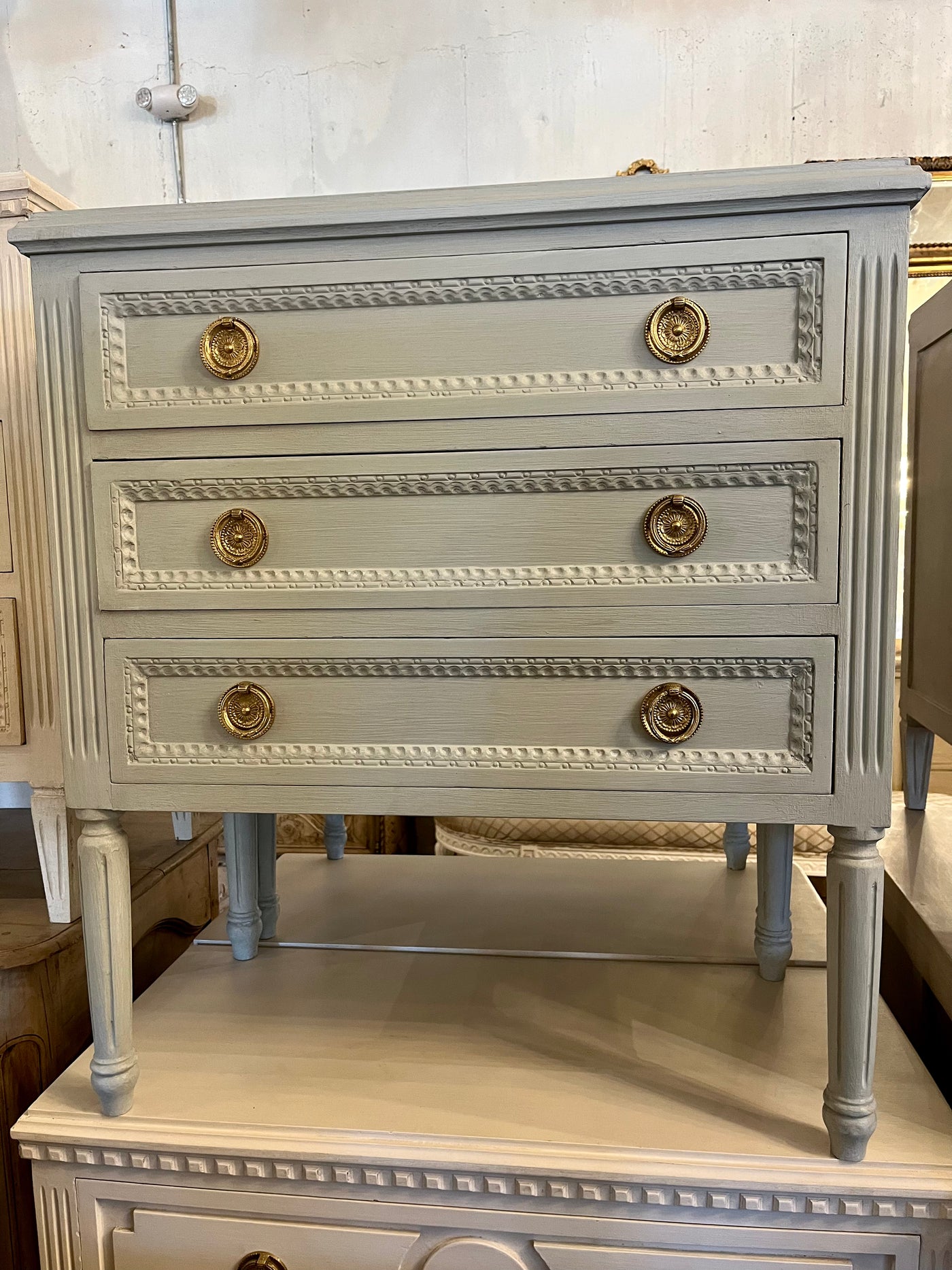 French Blue Swedish Nightstand with Beaded Drawer Trim