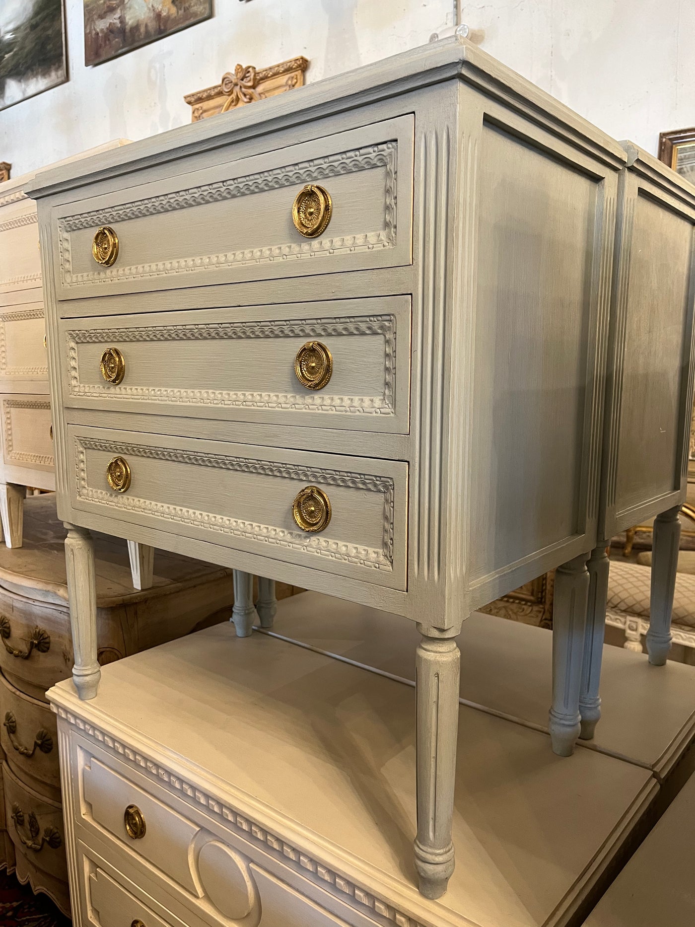 French Blue Swedish Nightstand with Beaded Drawer Trim