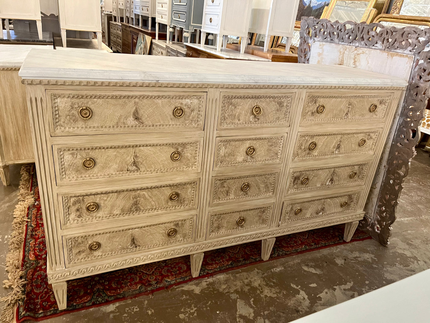 Swedish 12 Drawer Dresser with Faux Burl & Marble Finish | Le Chateau | European Luxury Furniture in Atlanta