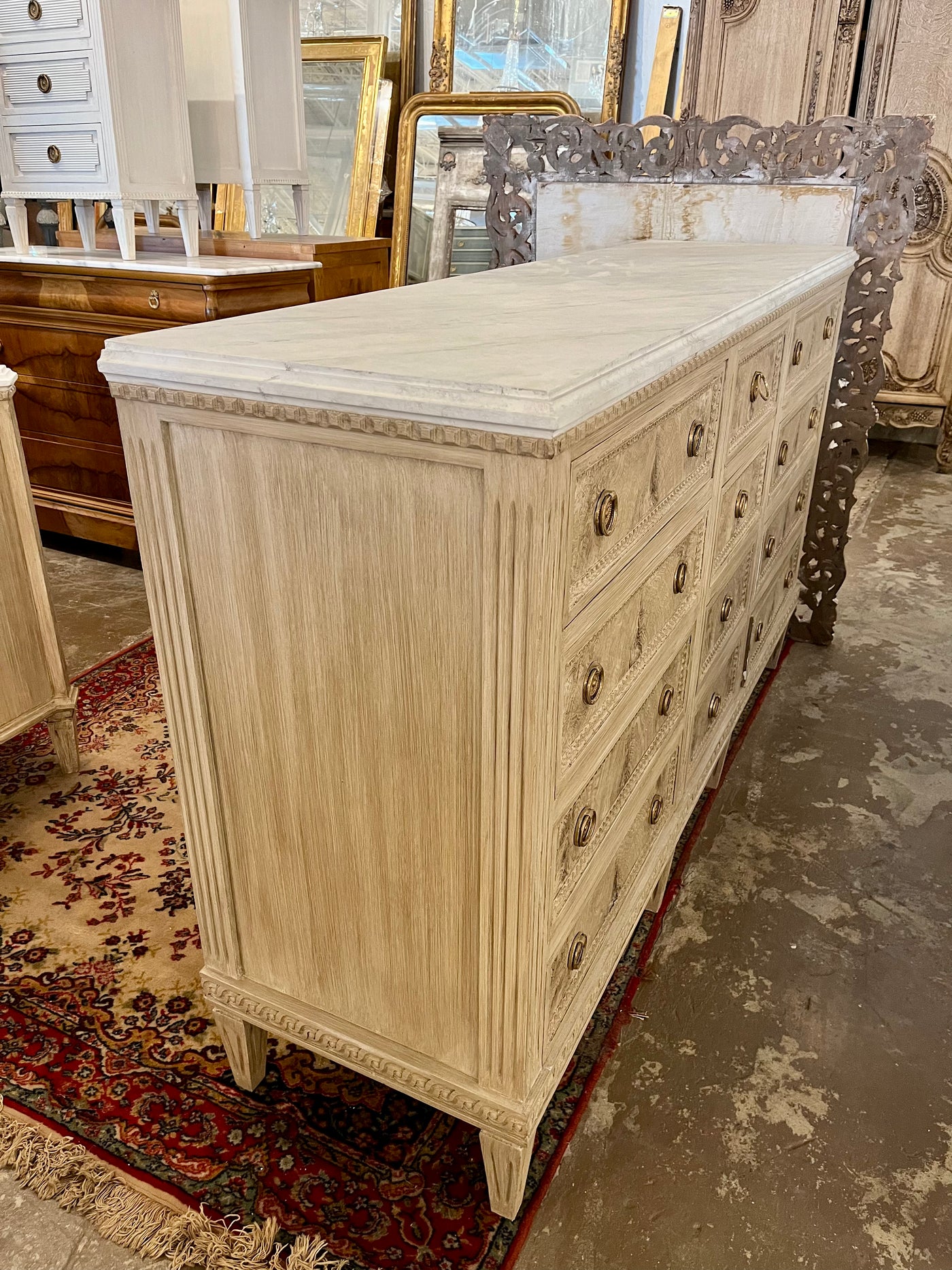 Swedish 12 Drawer Dresser with Faux Burl & Marble Finish