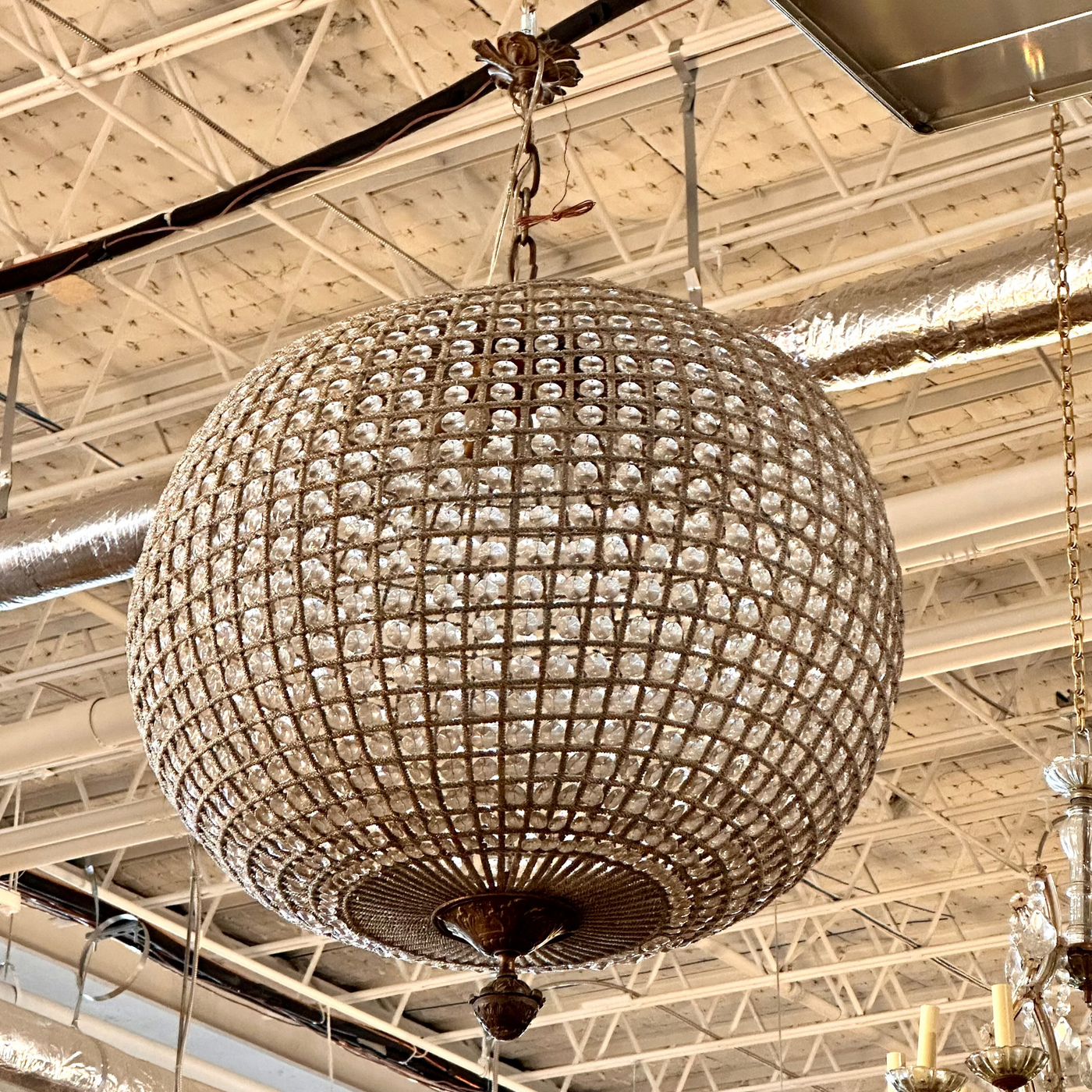 French Art Deco Crystal Globe Chandelier - Carved Finial