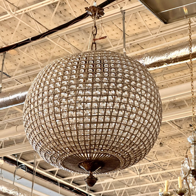 French Art Deco Crystal Globe Chandelier - Carved Finial