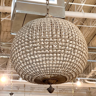 French Art Deco Crystal Globe Chandelier - Carved Finial