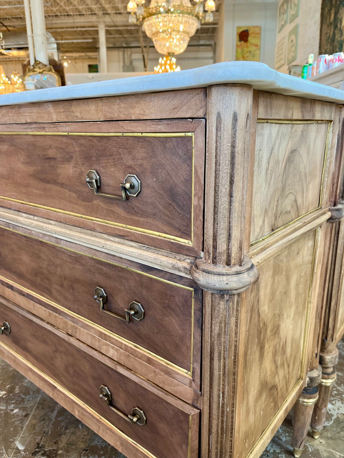 Antique Burl Wood Chest with Marble Top and Square Pulls | Le Chateau | European Luxury Furniture in Atlanta