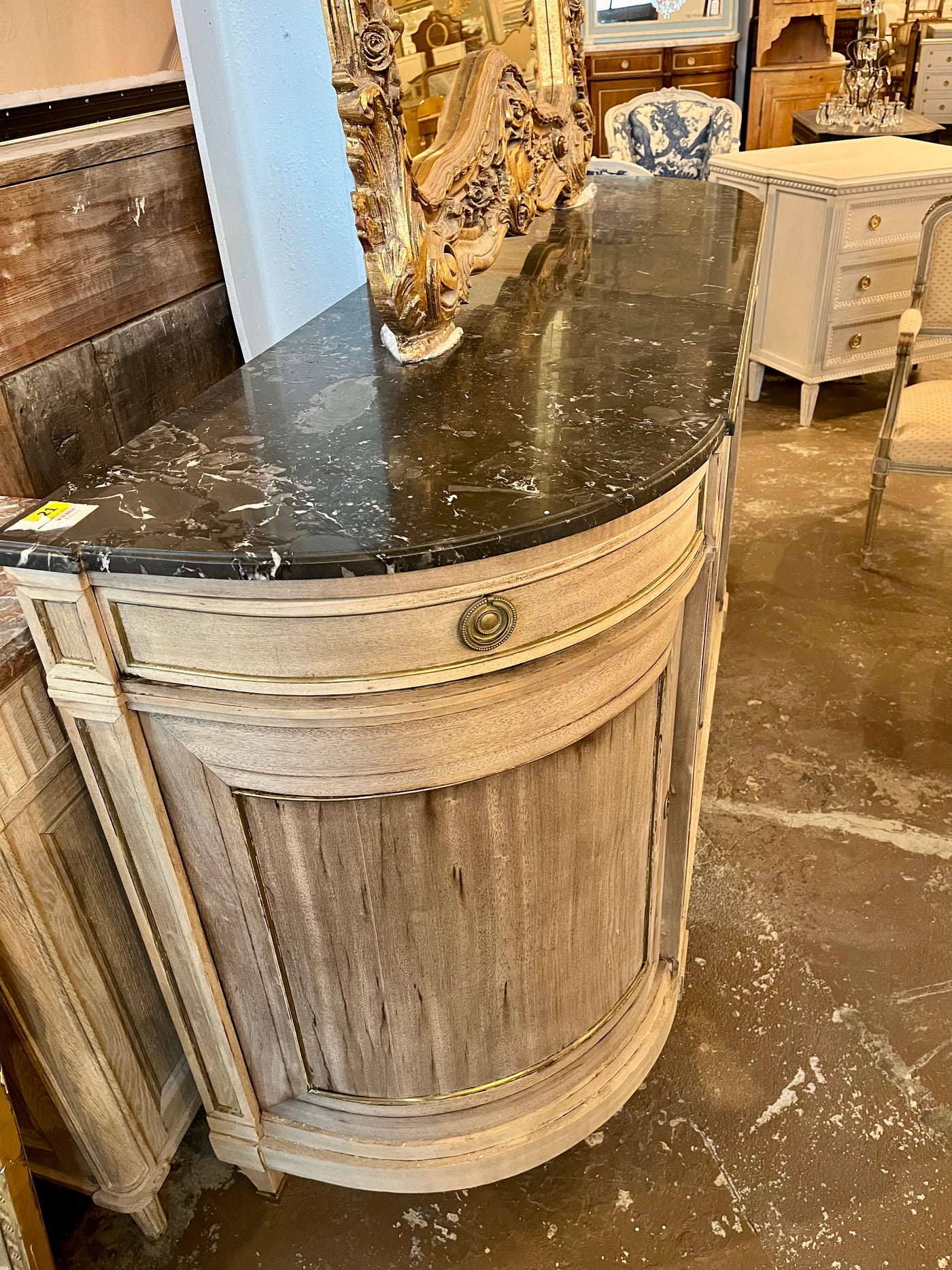 Louis XVI Natural Demilune Sideboard with Dark Marble Top